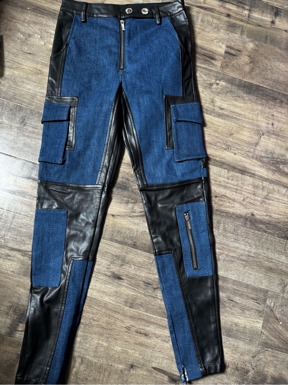 Maniere De Voir Denim Leather Biker Cargo Pants Sz 2 UK 6 Moto Patchwork - Picture 2 of 14